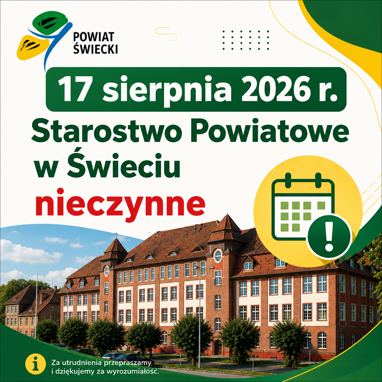 Starostwo Powiatowe w Świeciu nieczynne 17 sierpnia