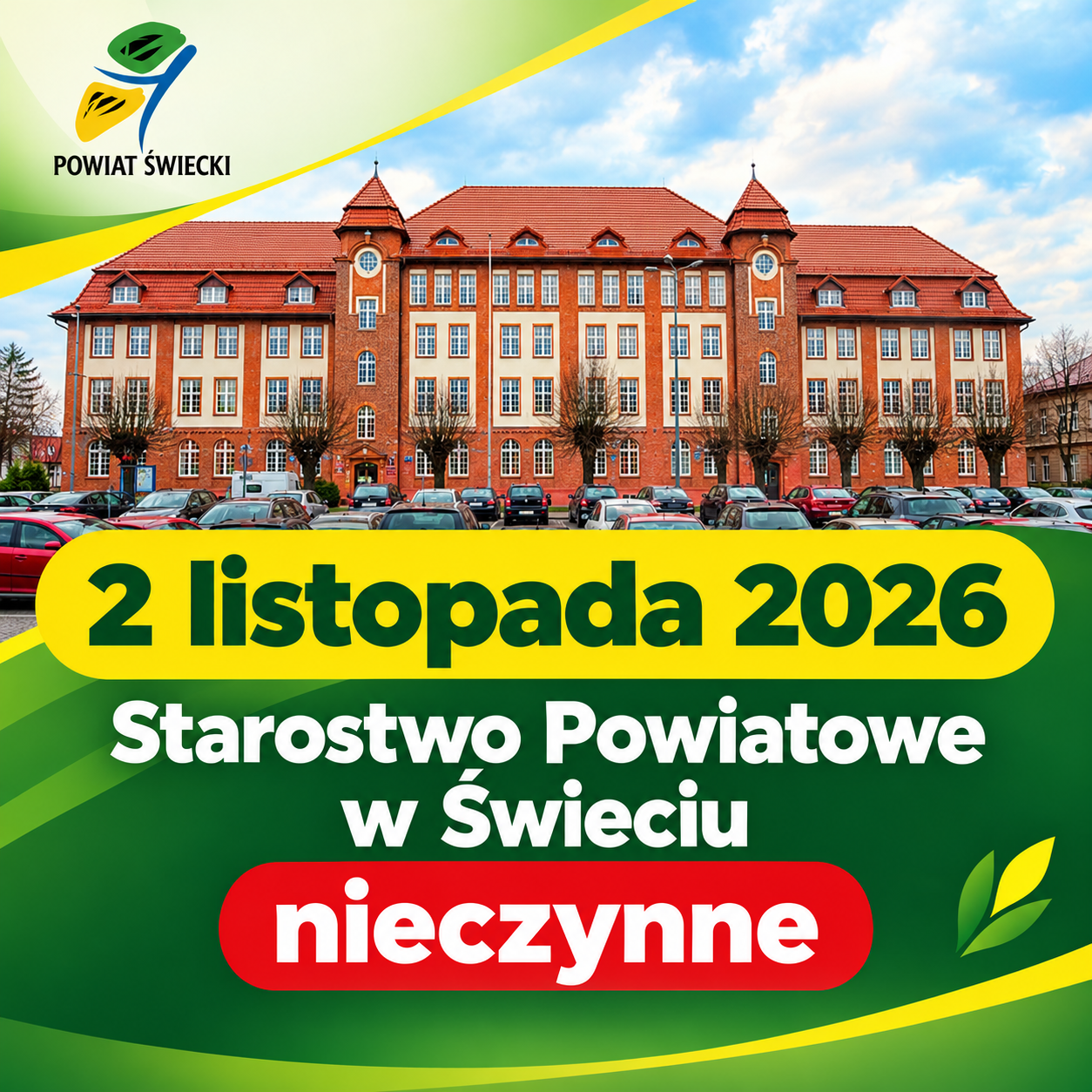 Starostwo Powiatowe w Świeciu nieczynne 2 listopada